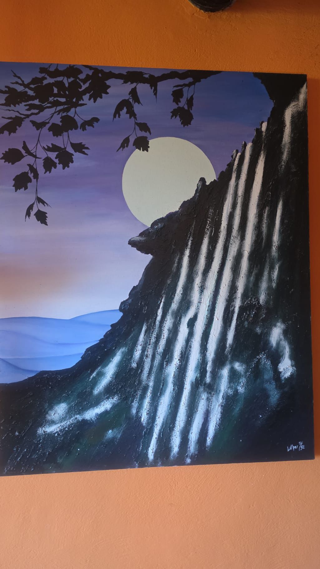 Original Landscape Oil Painting "Waterfall under the Moon" (1993) – Signed Lothar