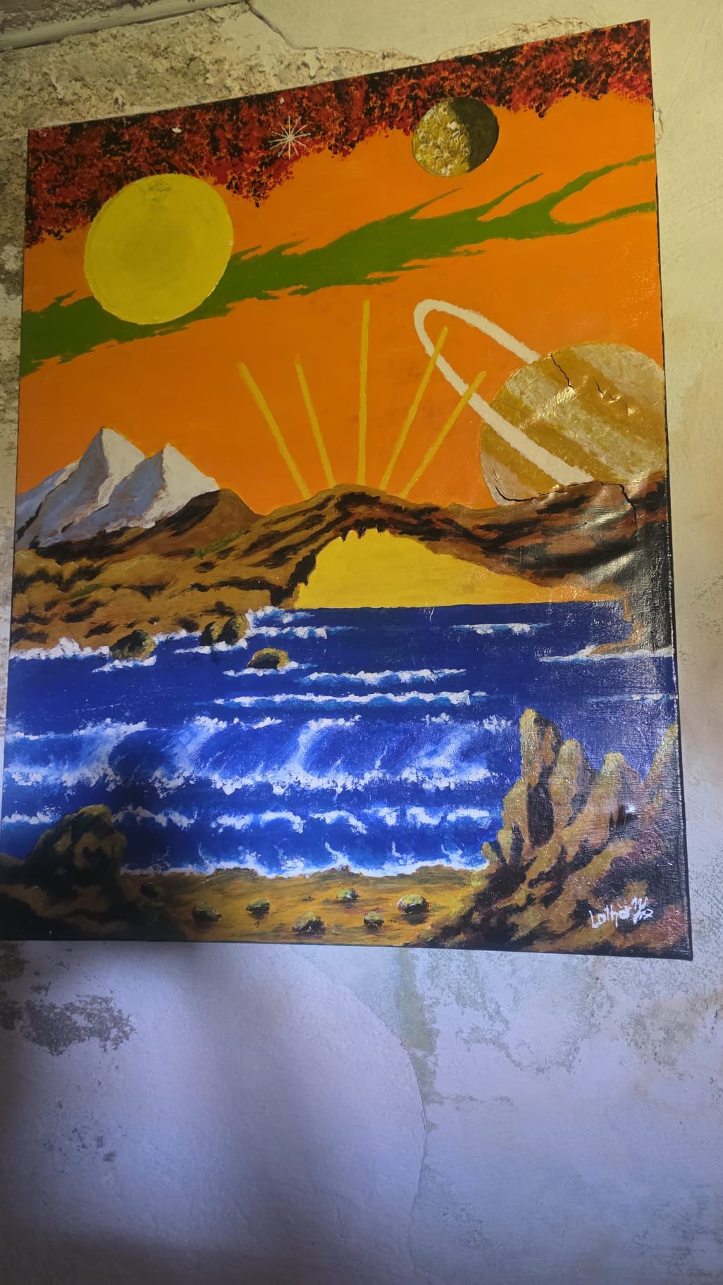 Original Sci-Fi Surrealist Oil Painting "Alien Sunrise" (1993) – Signed Lothar